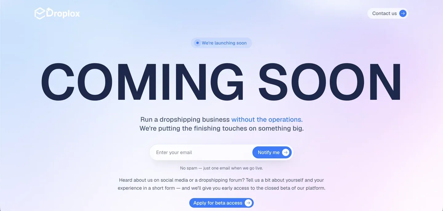 Droplox 'Coming Soon' page with an Apply for beta access button